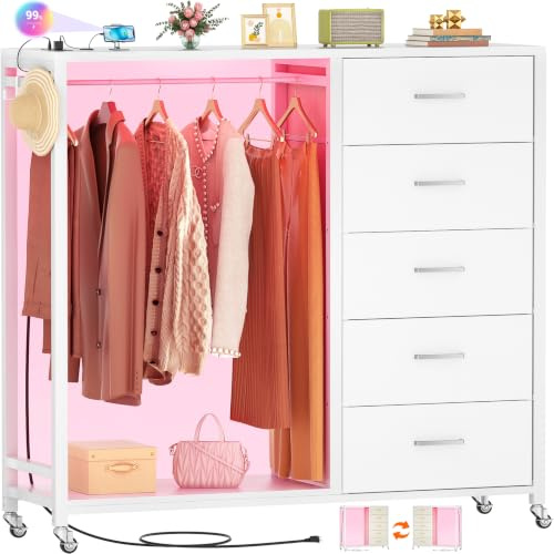iSunirm 2 in 1 Chest of Drawers, Dresser for Bedroom,5 Fabric Drawers Dresser with Charging Station,Open Wardrobe with Clothes Rack,Simple White