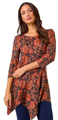 Roman Originals Women Asymmetric Top Ladies Hanky Hem Blouse Stretchy Tunic Occasion Smart Casual Summer Sprint Winter Autumn Cocktail Party Evening 3/4 Short Sleeve - Floral Orange - Size 20