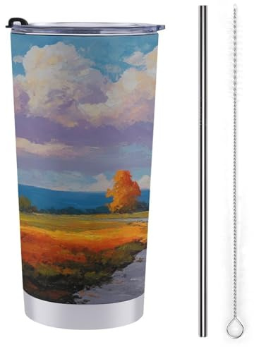 20 Oz Tumbler Travel Cup Autumn Landscape with House Orange Tree Water Bottle, Stainless Steel Vacuum Insulated Coffee Mug with Straw Lid and Cleaning Brush