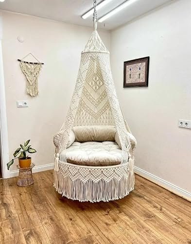 Creme Natur Makramee Schaukel - Boho Chic Stuhl für Entspannung & Gemütliche Ecken, Handgefertigte Hängematte Schaukel für Schlafzimmer Dekor