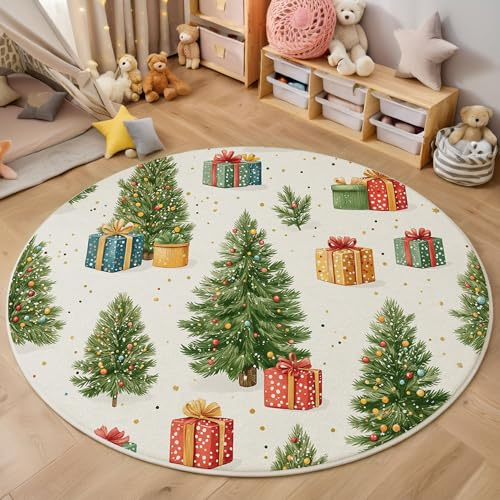 Tappeto Salotto Rotondo 200 cm, Albero Natale ad acquerello Camera da Letto Antiscivolo Tappeto Soggiorno Morbido Tappeti stile natalizio per Sala da Pranzo, Cameretta, Bianco