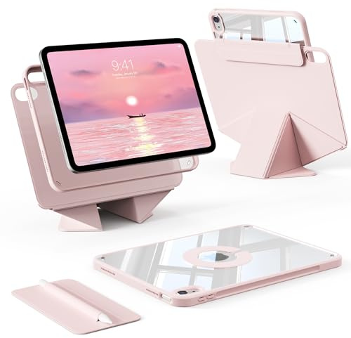KTGGHG Clear Case for iPad Air 11 M4/M3/M2 & Air 5th/4th Gen, Pink | Detachable Clear Hard PC Back, Shockproof TPU Frame, Magnetic Pencil Holder, Durable Protection, Adjustable Stand Cover