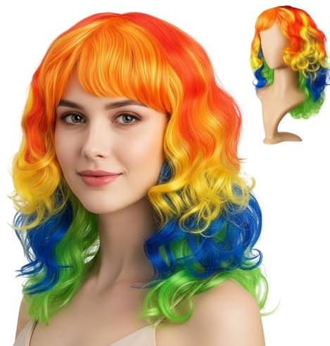 Perücke Bunt, 48 cm Regenbogen Perücke Damen, Faschingsperücke Damen, Funny Wig, Lange Bunteperücke für Männer und Frauen, Langhaar Colorful Wig für Karneval Fasching Cosplay