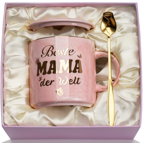 Muttertagsgeschenke für Mama, Geburtstagsgeschenk für Mama, Muttertag Mama Geschenk - Beste Mam-a der Welt Tasse, Idee Muttertag Geschenk 14oz Marmor Mutter Becher mit Goldaufdruck, Deckel Löffel