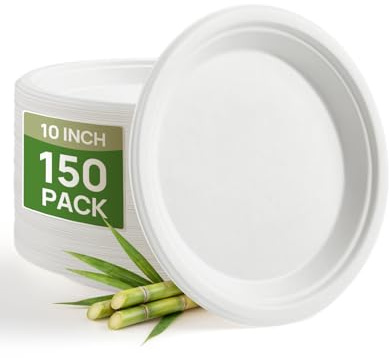 Goodluck 10 Inch Paper Plates,150 Pack Disposable Sugarcane Plates | 100% Compostable Biodegradable,Heavy Duty Eco-Friendly,Perfect for Everyday Use, BBQ, Wedding, Office, Picnics and Parties