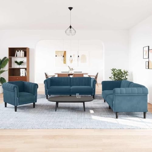 WDGJJFECNMUEHI 3-TLG. Sofagarnitur Blau Samt, XXL Polstergarnitur Wohnzimmer Set mit Sessel, Modernes Sofa Set in Blau Velours für Wohnzimmer und Gästezimmer, Bequeme Sitzgruppe mit hoher Tragkraft