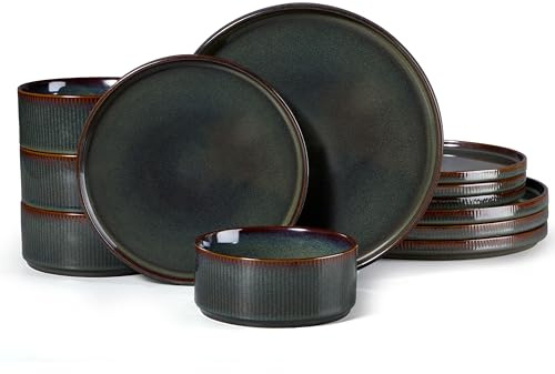 HaWare Dinner Set, 12 PCS Stoneware Plates and Bowls Set, Blackish Green | Reactive Glaze Dinnerware Sets, Vertical Stripe Edge Design, Chip and Scratch Resistant, Dishwasher & Microwave & Oven Safe