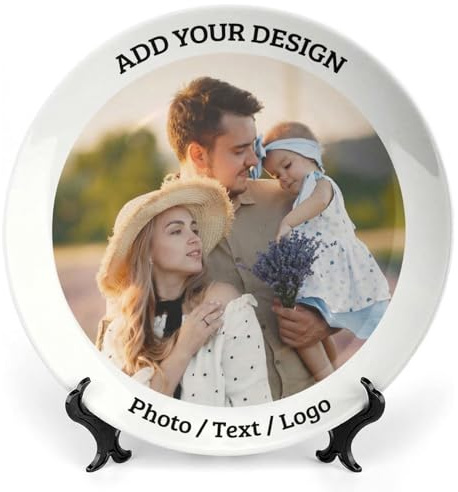 XUNQI XUFA Personalised Photo Ceramic Dinner Plate, Custom Dinner Plates with Photo Text Logo, Customised Decorative Plate 8 in, Personalised Memorial Gifts for Couple Family Friend (Style 2)