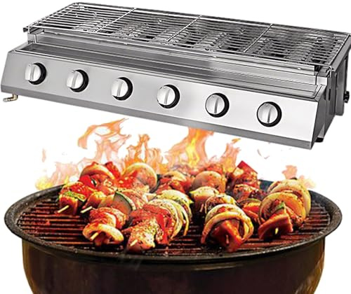 ExoticaBlend Commercial Gas Grill Smokeless Barbecue Grill, Outdoor & Indoor Barbecue Griddle, Portable Nonstick LPG Gas Yakitori Grill for Restaurant, Picnic, Party 6-Burner