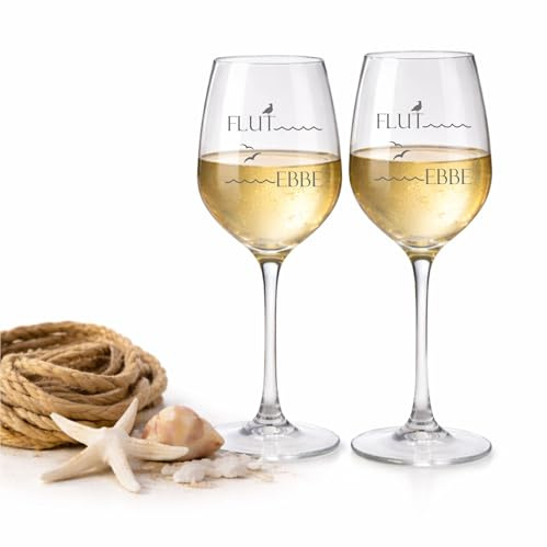 Leonardo Weingläser 2er Set – 460 ml – Rotwein Weißwein Gläser mit Gravur „Ebbe & Flut“ – maritimes Geschenk – hochwertige Weingläser