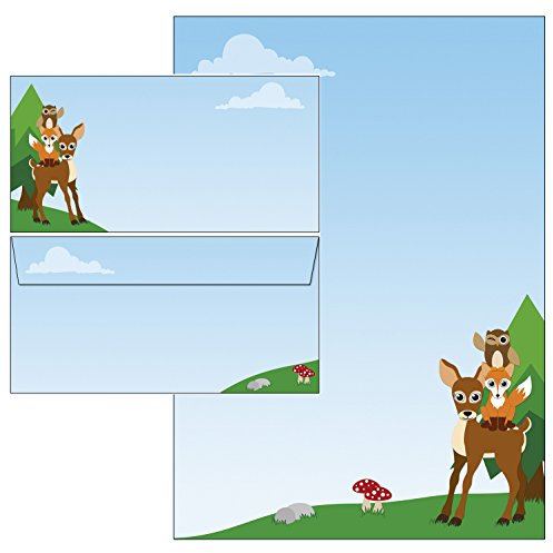 Briefpapiermappe - Waldtiere - Reh - Fuchs - Eule 46-teilig 25 Blatt Briefpapier + 20 Stück Briefumschläge DIN lang 5915+6915