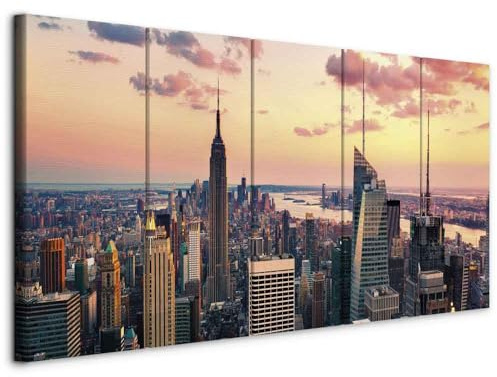 B&D XXL - Leinwandbild Skyline NYC Stadt, 200x80 cm, 5-teilig, Schlafzimmer | Hochwertige Leinwand, sofort aufhängbar, ideal fürs Wohn- oder Schlafzimmer, wasserfest und lichtecht, langlebig, stilvoll