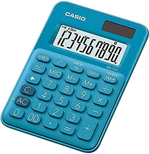 Casio Tischrechner MS-7UC, 10-stellig, in Trendfarben, Steuerberechnung, Vorzeichenwechsel, Solar-/Batteriebetrieb
