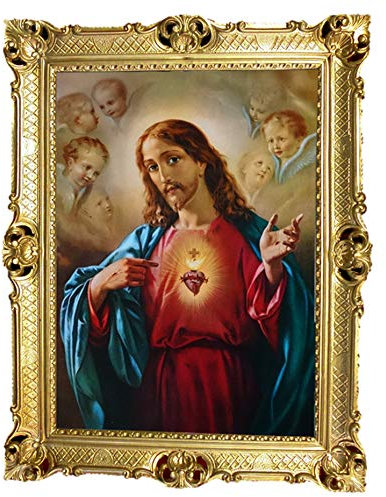 Jesus Christus Engel Herz Gemälde Antik Barock Rahmen Künstler Bild Wandbild 70x90cm Kunstdrucke Gemälde Religiöse Bilder Kunst von Heiligen Heiligenbild Retro Repro für Home Büro Praxis Café 58B