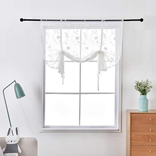 SIMPVALE 1 Stück Raffrollo mit Blumenmuster Bestickt - Tüll Sheer Voile Gardinen - Vorhänge für Wohnzimmer Schlafzimmer Kinderzimmer Küche Balkon, Weiß, 120x120cm