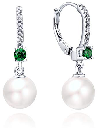JO WISDOM Damen Perlen Ohrringe Perlenohrringe Silber 925 Hängend Hochzeit Ohrringe mit 8MM Perlen 3A Zirkonia Mai Geburtsstein Smaragd Farbe,Schmuck für Frauen