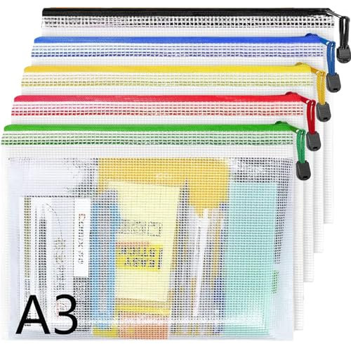 A3 Plastic Wallets -5 Pack Mesh Zip File Document Folders,Document Bags Zipper Bag Zip Wallet