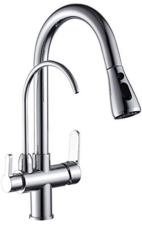 3 Vie Rubinetto Cucina Per Sistemi Osmosi, Ottone Girevole a 360°Miscelatore Cucina E Fredda E Calda Regolabile Rubinetto, Con Doccetta Estrabile & Spruzzo a 2 Modalità - Per Depuratore, Nero, Moderno