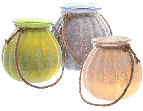 mucHome 3er-Set Windlicht mit Henkel Gefrostetes Glas Grau/Blau/Grün Höhe (ohne Henkel) 17,5cm Kerzenhalter Kerzenständer Deko