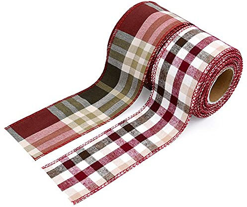 NC 2 Rollen Plaid Ribbon Baumwollband Vintage Gingham Stoffband Weihnachten DIY Wrapping Wired Edge Bänder Wired Edge Ribbon Plaid Wired Ribbon