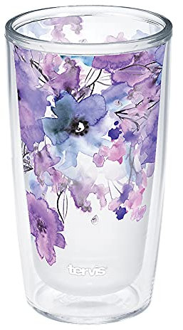 Tervis Made in USA Double Walled Watercolor Floral Purple - Crystal Insulated Tumbler Cup Keeps Drinks Cold & Hot, 16oz, Delicate Bouquet