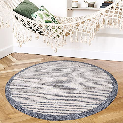 payé Teppich Rund - Blau Cream-Streifen - 160x160cm Kurzflor Modern Dekoration fürs Wohnzimmer Schlafzimmer Skandinavische Teppiche