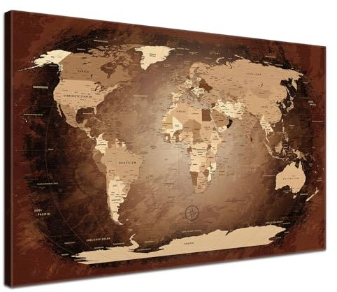 LANA KK - Premium Pinnwand Weltkarte - Antik - Deutsch - in 100 x 70 cm, stabile Rückwand zum Pinnen inkl. Starterkit - Leinwand-Kunstdruck Wandbild Landkarte XXL
