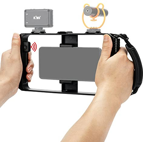 KIWIFOTOS Smartphone Video Rig Hand Grip Stabilizer Cage with Wireless Remote & Strap for Videomaker Vlog Compatible with iPhone 13 12 11 XS X XR 8+ 8 7+ 7 6S+ 6S Galaxy Mate MI Width Phone 55-90mm