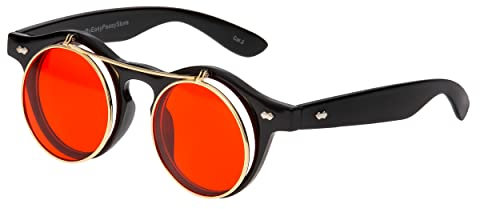 Ultra Schwarz mit Roten Gläsern Flip Up Ronde Steampunk Sonnenbrille Retro Frau Mann UV400 UVA Vintage Victorian Kreis Retro Sonnenbrille Steampunk Brille Sonnenbrille zum Hochklappen