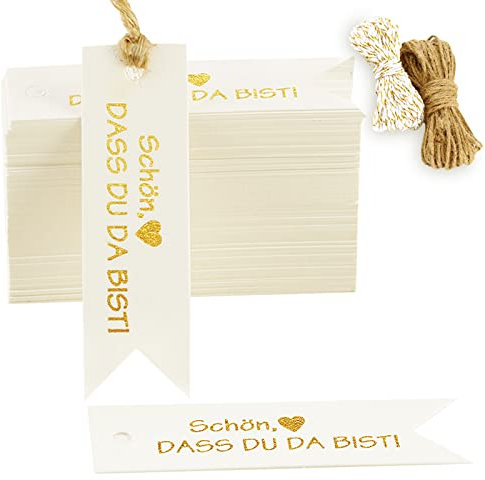 100 Stück Geschenkanhänger,Schön Dass Du Da Bist Geschenkanhänger Weiß für Hochzeit Kommunion Weihnachten,Thank You Etiketten Tags,Kraftpapier Anhänger Weiß Mit 10 Meter Juteschnur und Goldweißes Seil