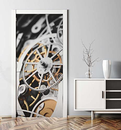 MyMaxxi - Tür bekleben mit Türtapete Türposter Türfolie Selbstklebend 90x200 glänzende Zahnräder im Uhrwerk - Tür verschönern Türaufkleber Türklebefolie Mechanisch Metall grau