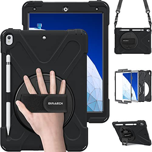 BRAECN pour Coque iPad Air 3, iPad Pro 10.5 Pouces, Étui de Robuste avec Support Rotatif à 360°et Dragonne, Bandoulière, Porte-Stylet, Résistant Housse pour iPad Air 2019, Noir
