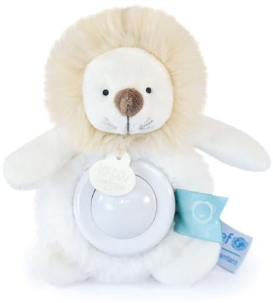 Doudou et Compagnie - Nachtlicht Plüsch Löwe Musik und Licht für Kinder – mit 3 Lichtern – Größe 20 cm – Farbe Weiß/Beige – Kollektion Unicef – Geschenkidee ab der Geburt – DC3993