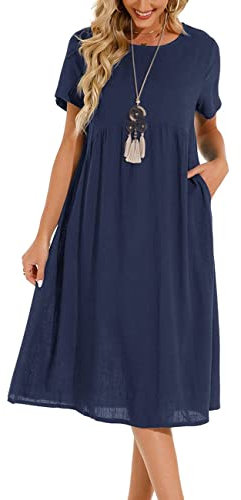 Lpecmin Womens Summer Dresses Casual Short Sleeve Round Neck Midi A Line Cotton Linen Sundress with Pockets(Navy, Medium)