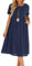 Lpecmin Womens Summer Dresses Casual Short Sleeve Round Neck Midi A Line Cotton Linen Sundress with Pockets(Navy, Medium)