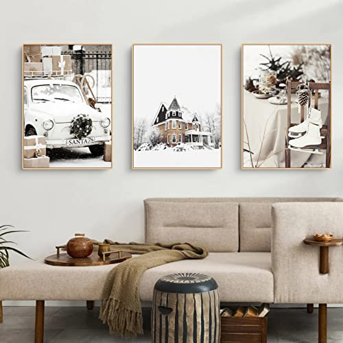 Trayosin Premium 3er Poster Set, Winter Schneelandschaft Bilder Set, ohne Rahmen, Moderne Schloss Automobil Bilder Wanddeko, Wandbilder für Wohnzimmer Schlafzimmer (40x50cm)