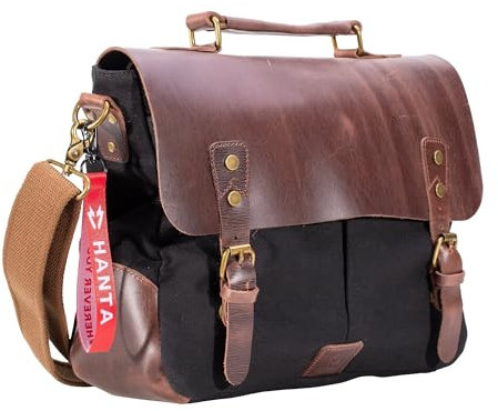 Hanta Nature Messenger Bag, Umhängetasche aus Leder und Canvas, Kuriertasche für den Alltag oder Reisen, Vintage Laptoptasche für Damen und Herren - Schwarz