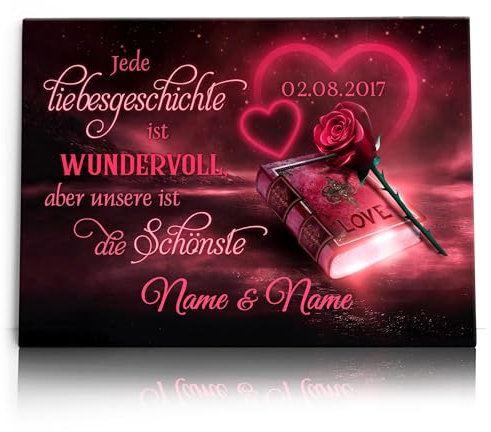 Liebesleinwand Leinwand personalisiert Unsere Geschichte | Geschenk für sie oder ihn zum Jahrestag, Verlobung, Hochzeitstag | Leinwandbild gestalten mit Namen und Datum