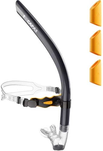 CAPAS Training Swim Snorkel for Lap Swimming With 3 Breathing Control Caps | 360° Swivel Headband Center-Mount Adjustable Swimming Snorkel with Liquid Silicone Mouthpiece for Adult Men Women