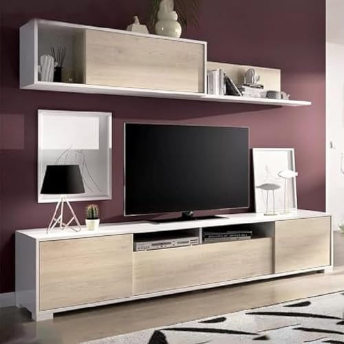 Dmora Parete attrezzata Gruf, Set da Soggiorno Porta TV, Mobile Salotto Multiuso, 200x41h180 cm, Rovere e Bianco Lucido