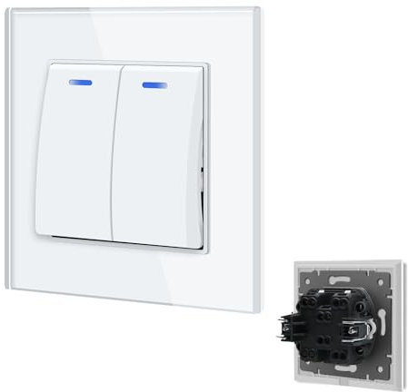 BSEED Interruptor de luz con LED Blanco,10A 2 Gang 2 Vías Interruptor de luz empotrado con luz de control LED,Interruptor Luz de Pared con marco de cristal,Interruptor conmutador con clips para salón