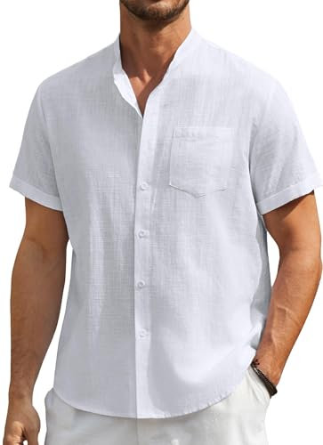 Enlision Camisa Lino Hombre Manga Corta Camisas Blanco para Hombre Casual Sin Cuello Henley Shirt de Lino Algodón con Botónes Top Ibicenca de Verano Playa Boda M