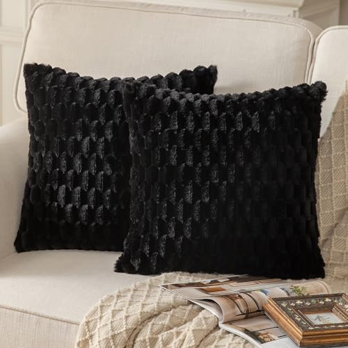 Mandioo 2er Set Schwarz superweichen dekorative Plüsch Kissenbezug Kissenbezüge 60 x 60 cm Wollsamt Dekokissenbezüge Kissenhülle Sofakissen Dekokissen flauschig für Couch Sofa Bett Wohnzimmer