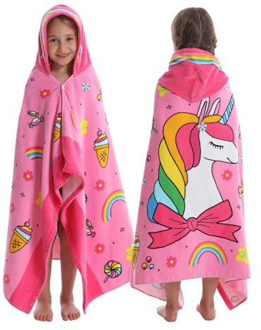 BANGSAUR Kinder-Strandtuch mit Kapuze, 100% Baumwolle, weich und saugfähig, Badetuch, Badetuch, Überzieher für Jungen und Mädchen, extra Größe: 127×76cm (Einhorn)