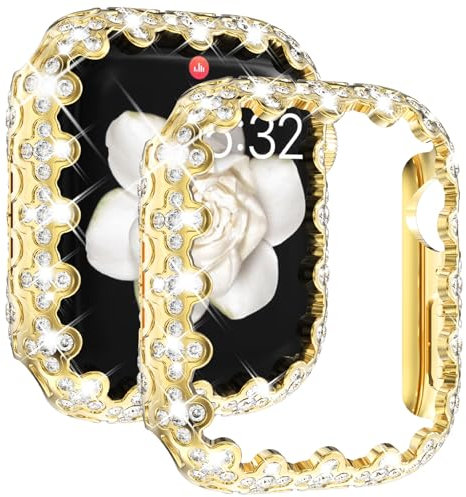 Fullife Fundas brillantes compatibles con Apple Watch de 41 mm Series 9/8/7 sin protector de pantalla para mujer, funda protectora general con diamantes para iWatch de 41 mm, color dorado