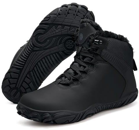 Barefoot Boots Womens Mens Snow Boots Winter Warm Waterproof Fur Lined Shoes Wide Toe Box Walking Boot,Black-A,7 UK