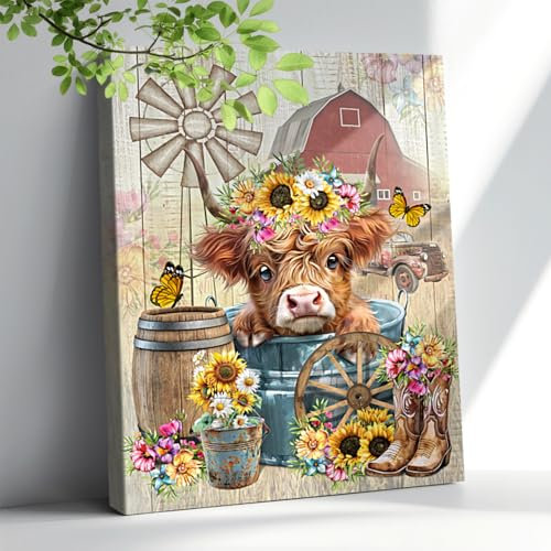 Hochlandkuh Badezimmer-Dekor, Wandkunst, Bauernhaus, rustikale Kuh, Sonnenblumen, Scheune, Windmühle, Bilder, Leinwand, Wanddekoration, lustige niedliche Tiere, Blume, gerahmtes Kunstwerk für