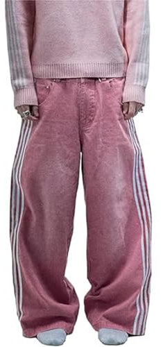 Baggy Jeans für Herren, Lockere Passform Weite Jeanshose Skateboard Hip Hop Jeans Y2K Vintage Streetwear Hose(Pink,Medium)