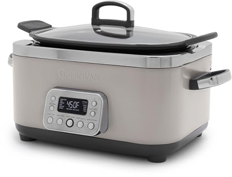 GreenPan Elite 8-in-1 Programmable 6QT Electric Slow Cooker, Dishwasher Safe Lid & Removable Crock, PFAS-Free Healthy Ceramic Nonstick Multi-Cooker, Sear, Stir-Fillet, Brown, Steam Basket, Roast, Clay