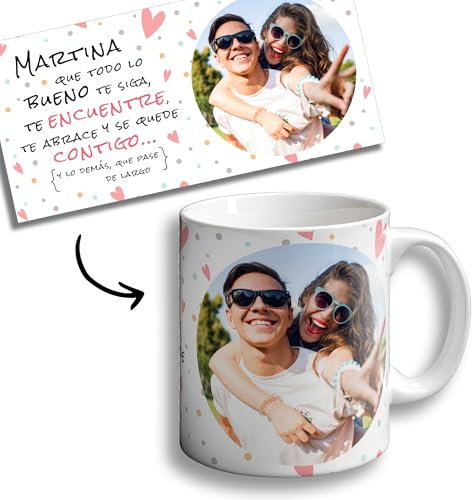 OOPS Taza Que Todo lo Bueno te siga te encuentre y te abrace - PERSONALIZADA CON FOTO Y NOMBRE - Tazas originales - 350 ml - Tazas con Frases motivacionales (TAZA CON NOMBRE Y FOTO)
